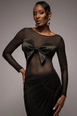 Long Sleeve Mesh Sleeveless Taffeta Bow Top - Black by Goddiva