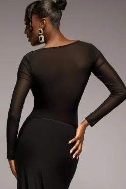 Long Sleeve Mesh Sleeveless Taffeta Bow Top - Black by Goddiva