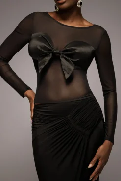Long Sleeve Mesh Sleeveless Taffeta Bow Top - Black by Goddiva