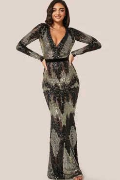 Long Sleeve Sequin Evening Maxi Dress - Black by Goddiva