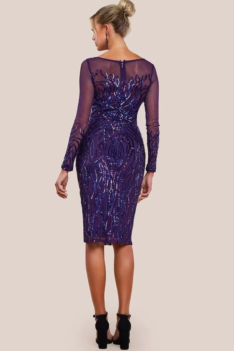 Long Sleeve Sequin Flame Midi Dress - Purple by Goddiva