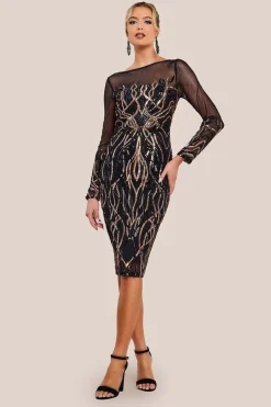 Long Sleeve Sequin Flame Midi Dress - Black by Goddiva