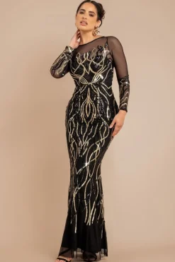 Long Sleeve Sequin Flame Maxi - Gold by Goddiva