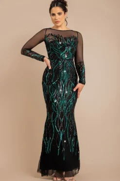 Long Sleeve Sequin Flame Maxi - Emerald Green by Goddiva
