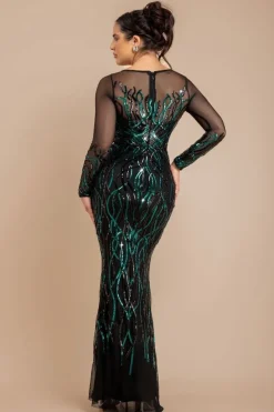 Long Sleeve Sequin Flame Maxi - Emerald Green by Goddiva