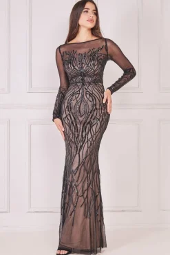 Long Sleeve Sequin Flame Maxi - Solid Black by Goddiva