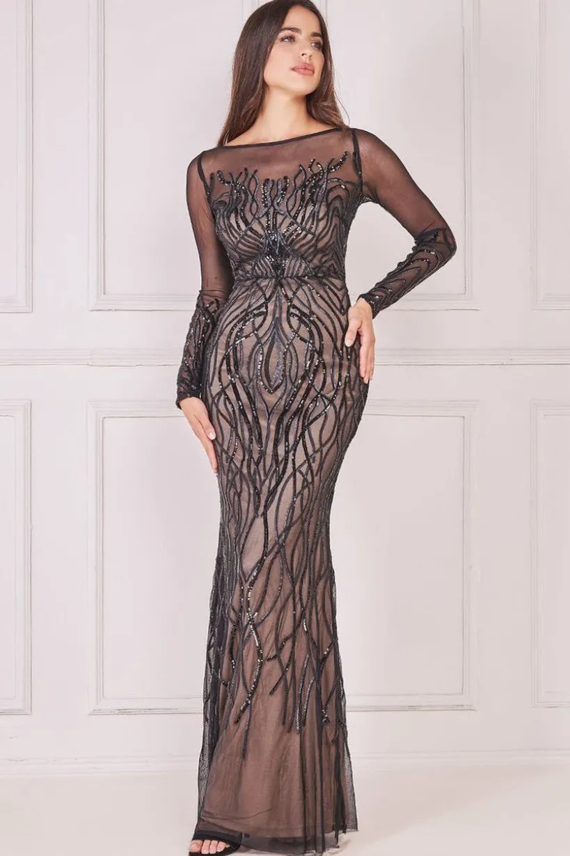 Long Sleeve Sequin Flame Maxi - Solid Black by Goddiva
