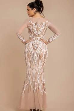 Long Sleeve Sequin Flame Maxi - Champagne by Goddiva