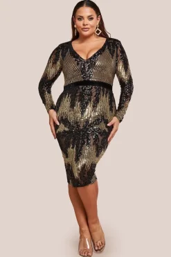 Long Sleeve Sequin Party Midi Dress - Black by Goddiva Plus