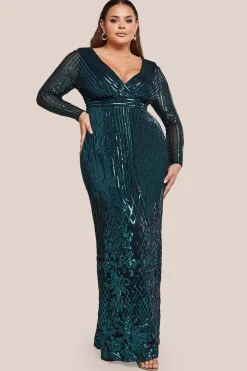 Long Sleeve Sequin V Wrap Maxi Dress - Emerald Green by Goddiva Plus