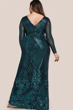 Long Sleeve Sequin V Wrap Maxi Dress - Emerald Green by Goddiva Plus