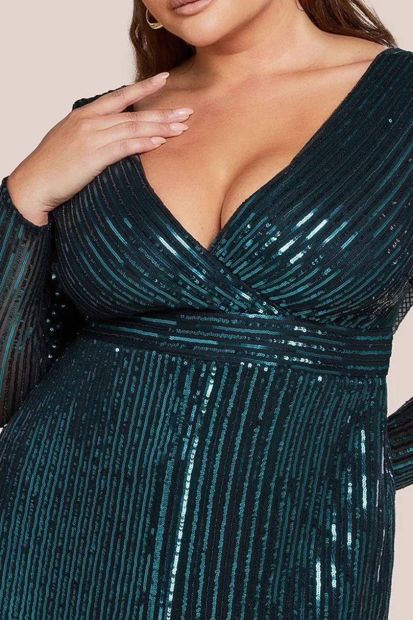Long Sleeve Sequin V Wrap Maxi Dress - Emerald Green by Goddiva Plus
