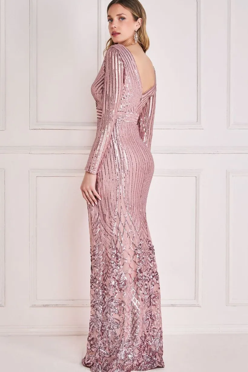 Long Sleeve Sequin V Wrap Maxi Dress - Blush by Goddiva