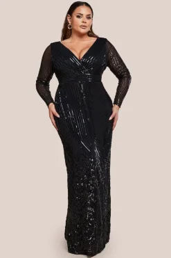 Long Sleeve Sequin V Wrap Maxi Dress - Black by Goddiva Plus