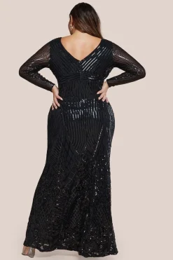 Long Sleeve Sequin V Wrap Maxi Dress - Black by Goddiva Plus