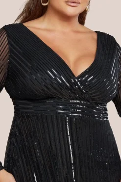 Long Sleeve Sequin V Wrap Maxi Dress - Black by Goddiva Plus