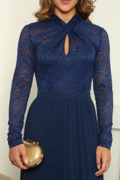 Long Sleeve Twist Lace Neck Midi Dress by Double Second