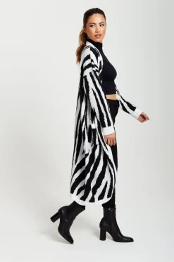 Longline Cardigan In Black And White Zebra Pattern by Liquorish
