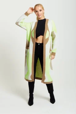 Longline Cardigan In Brown, Green And White by Liquorish