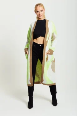 Longline Cardigan In Brown, Green And White by Liquorish