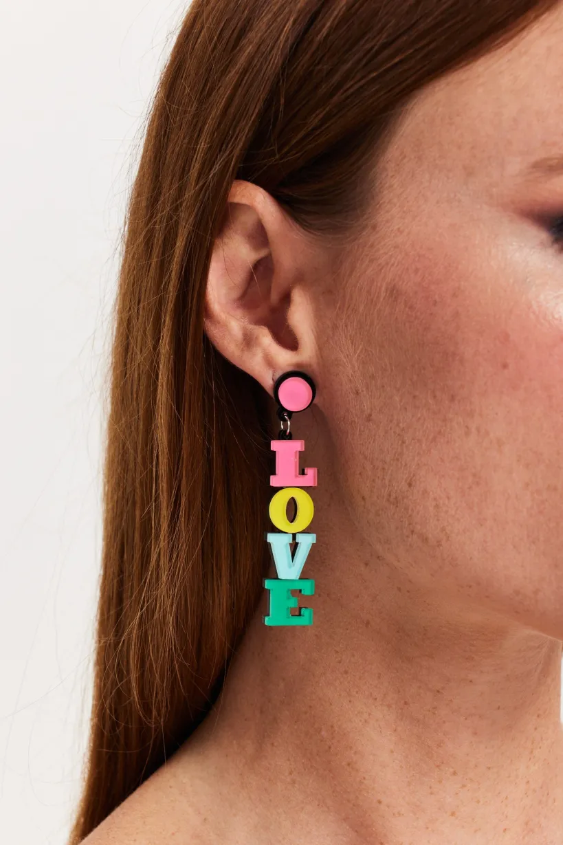 Love You Drop Style Earrings In Multi Colour by Liquorish