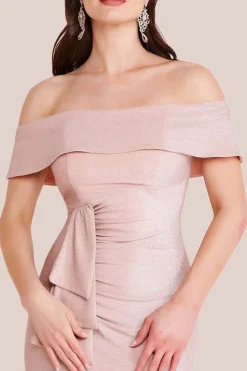 Lurex Bardot Maxi With Waterfall Ruffle - Blush by Goddiva