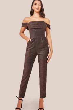 Lurex Cowl Neck Jumpsuit - Bronze by Goddiva