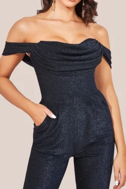 Lurex Cowl Neck Jumpsuit - Navy by Goddiva