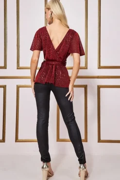 Lurex Flutter Sleeve Wrap Top - Wine by Goddiva
