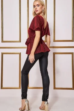 Lurex Flutter Sleeve Wrap Top - Wine by Goddiva