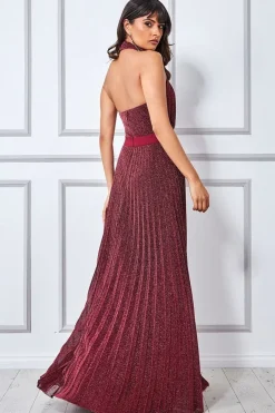 Lurex Halterneck Pleated Maxi Dress - Wine by Goddiva