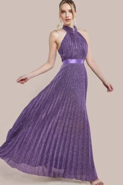 Lurex Halterneck Pleated Maxi Dress - Purple by Goddiva