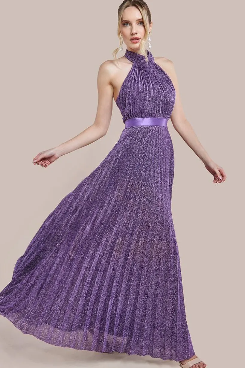 Lurex Halterneck Pleated Maxi Dress - Purple by Goddiva