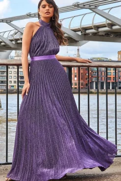 Lurex Halterneck Pleated Maxi Dress - Purple by Goddiva