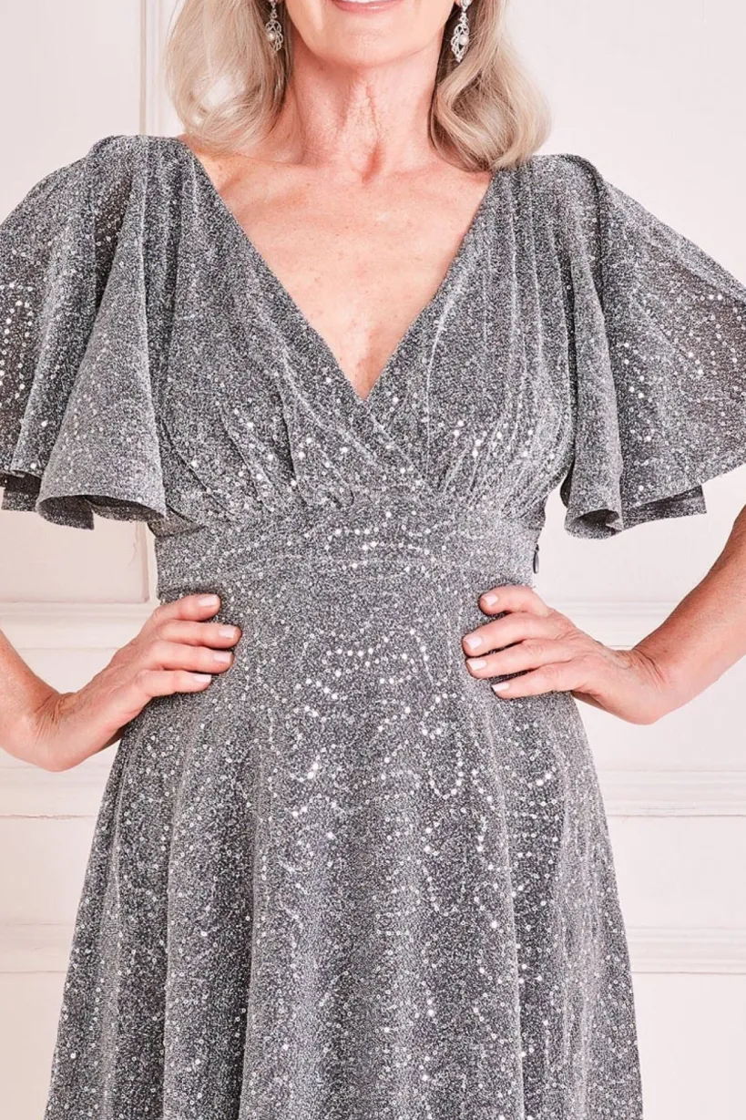 Lurex Sequin Flutter Sleeve Maxi - Silver by Goddiva