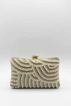 Luxurious Gold Pearl Embellished Clutch Bag by SVNX