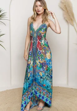 Luxurious Viscose Crepe Maxi Beach Dress In Premium Tropical Multicolour Print by Angeleye