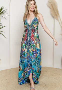 Luxurious Viscose Crepe Maxi Beach Dress In Premium Tropical Multicolour Print by Angeleye
