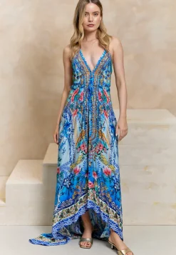 Luxurious Viscose Crepe Maxi Beach Dress In Premium Tropical Blue Print by Angeleye