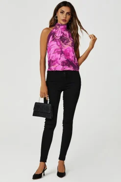 Marble Print Halter Neck Tie Back Top In Fuchsia Pink by FS Collection