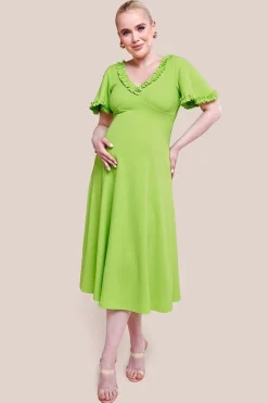 Maternity Flare Sleeve Frill Edge Midi Dress - Lime Green by Goddiva