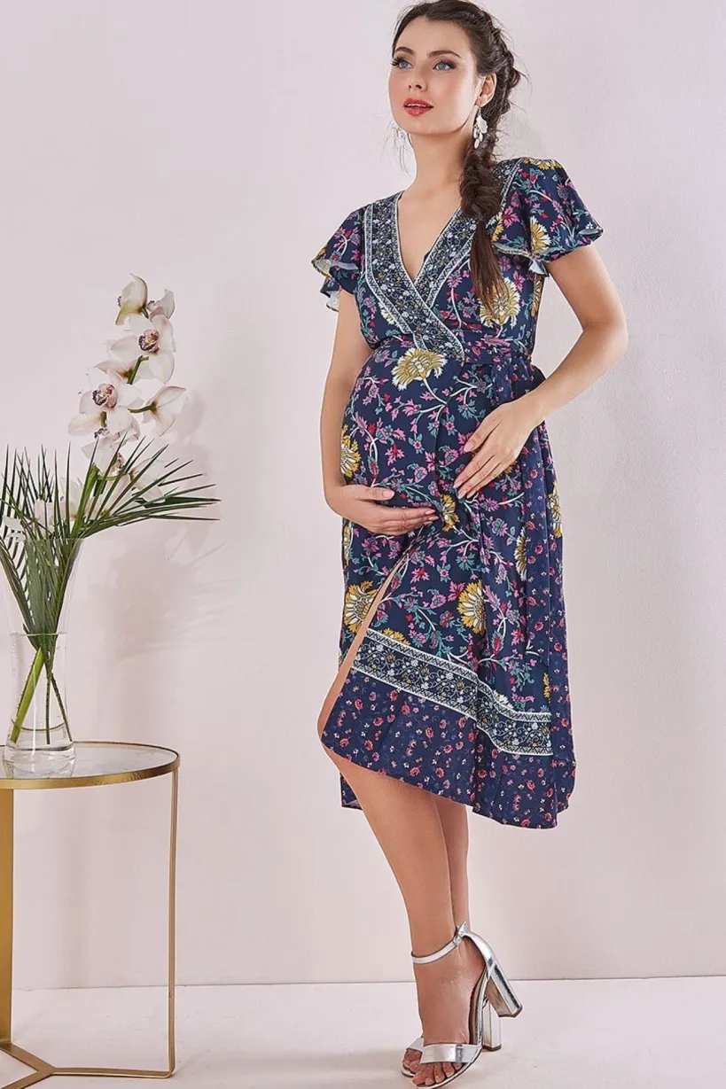 Maternity Floral Print Midi Navy Print by Goddiva