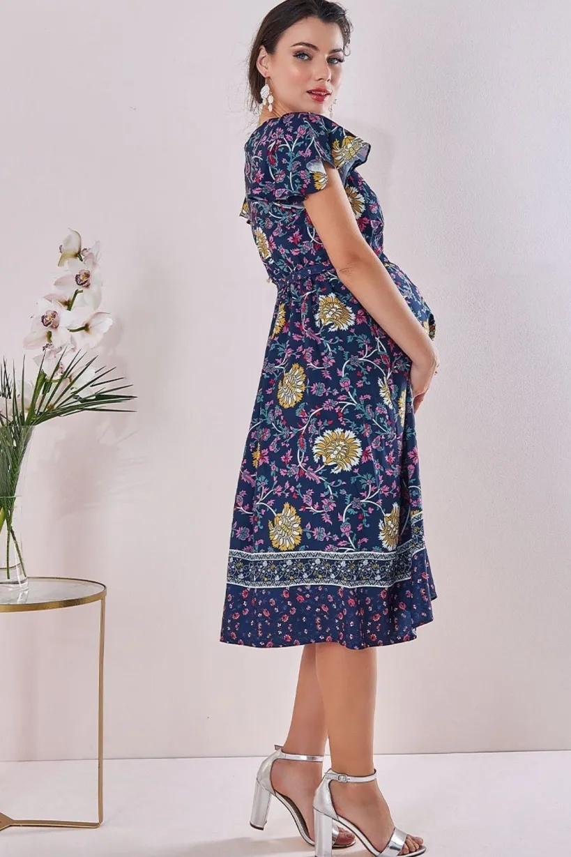 Maternity Floral Print Midi Navy Print by Goddiva