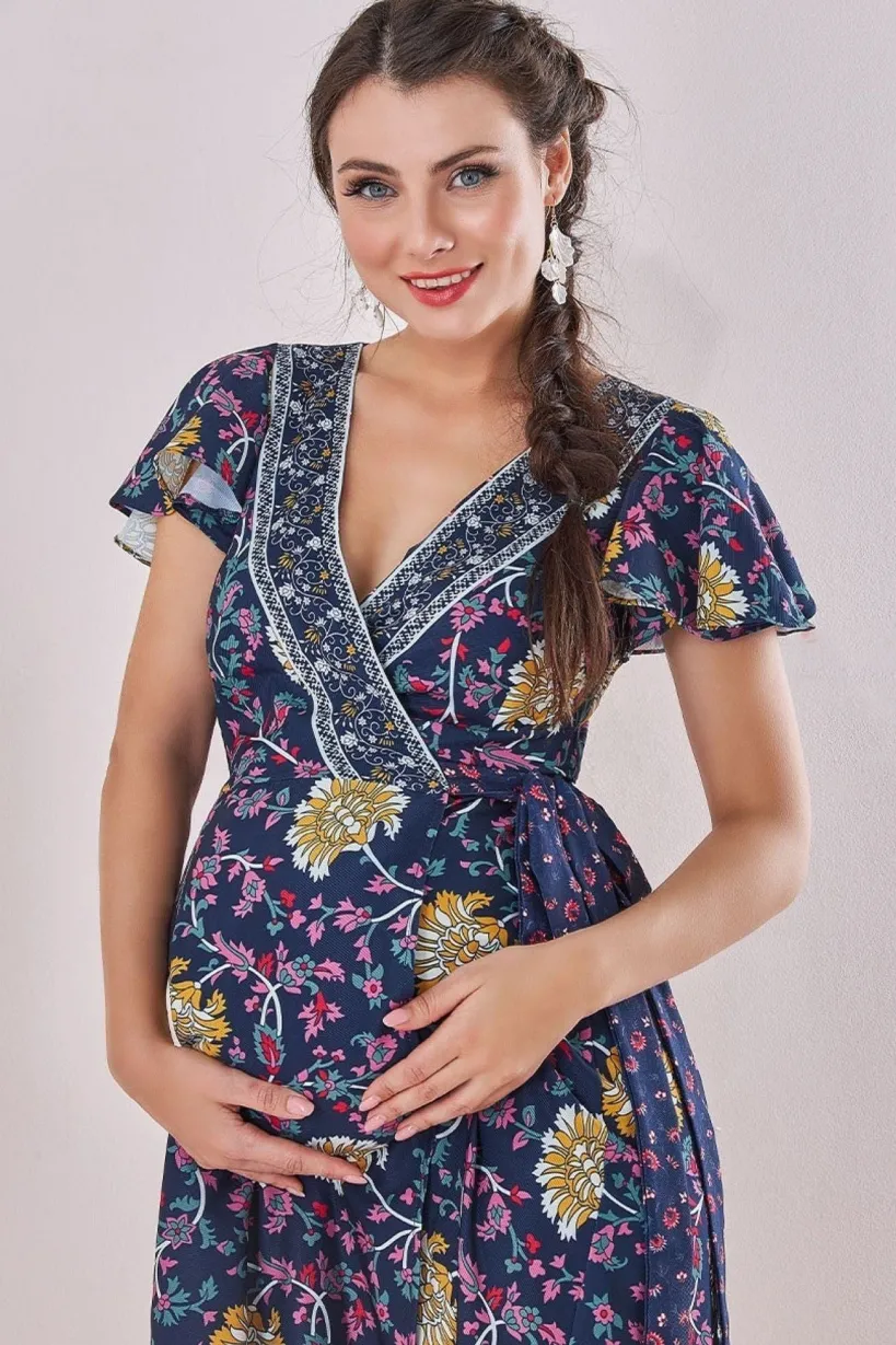 Maternity Floral Print Midi Navy Print by Goddiva