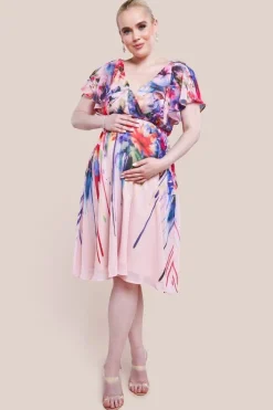 Maternity Flutter Sleeve Floral Bodice Midi Dress - Blush by Goddiva