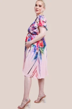 Maternity Flutter Sleeve Floral Bodice Midi Dress - Blush by Goddiva