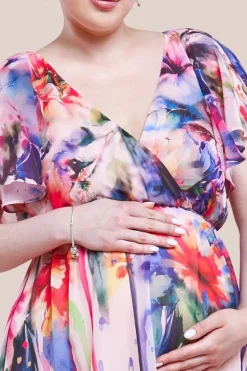 Maternity Flutter Sleeve Floral Bodice Midi Dress - Blush by Goddiva