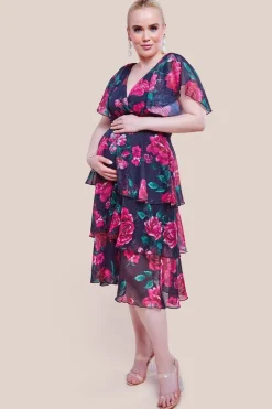 Maternity Layered Floral Midi Dress With Flutter Sleeves - Black Floral by Goddiva