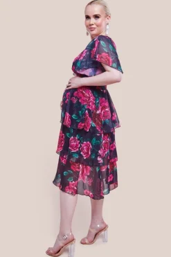 Maternity Layered Floral Midi Dress With Flutter Sleeves - Black Floral by Goddiva