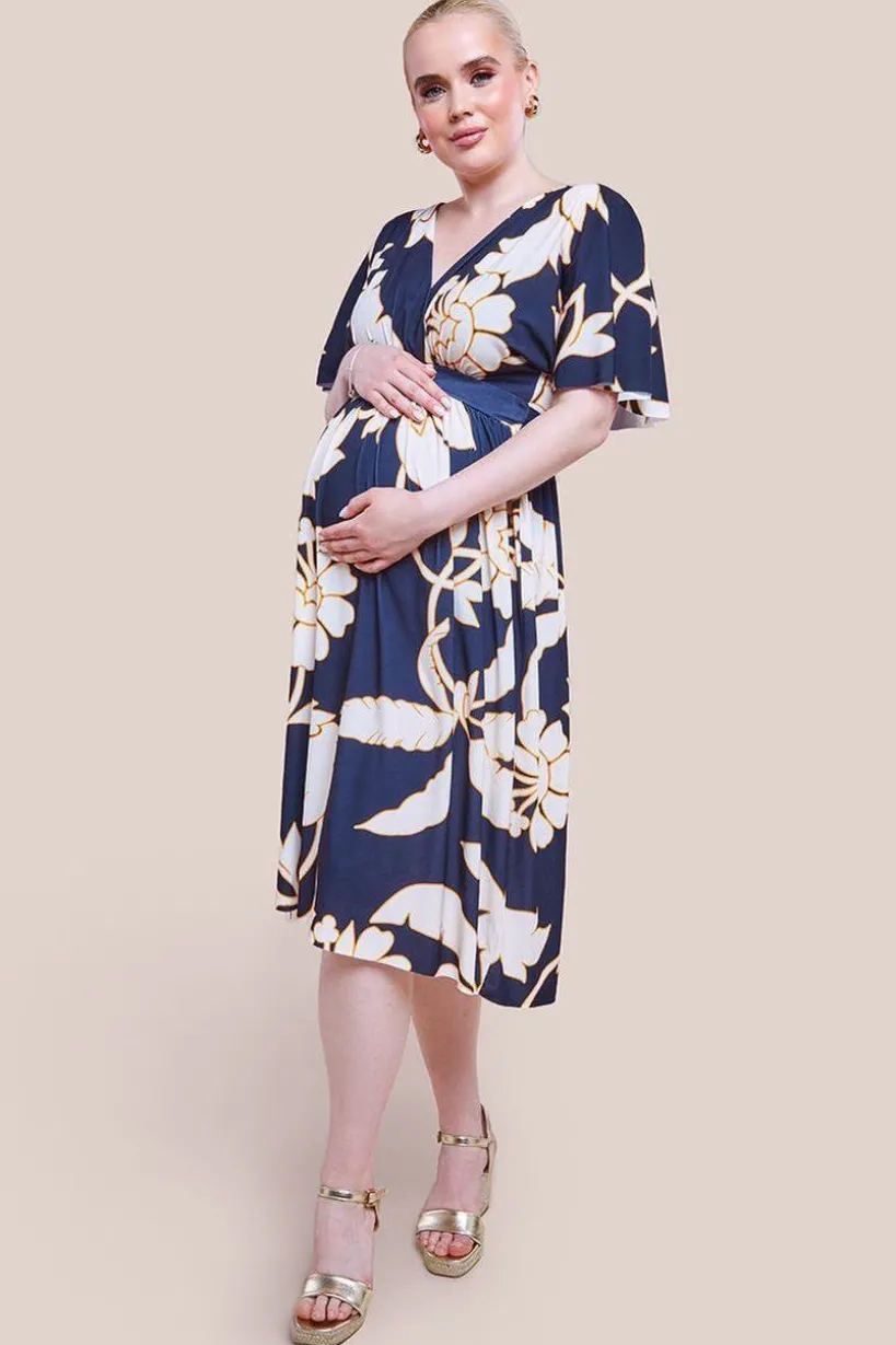 Maternity Leaf Print Flutter Sleeve Midi Dress - Navy by Goddiva